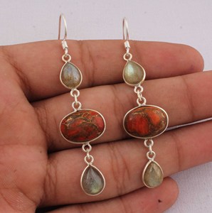 Pendientes de Labradorita Naranja Natural con Cobre, Plata de Ley 925, Engaste de Bisel, Gema con Brillo de Atardecer, Estilo Vintage - Product Image 1