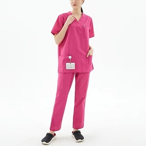Women's Pink <b>Scrub</b> Top Short Sleeve V-Neck With Pocket Hospital Uniform Woven Cotton Polyester Blend - Product Image 3