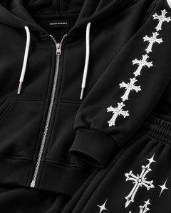Ensemble de survêtement noir uni avec sweat à capuche zippé et pantalon de jogging, séchage rapide, respirant, 100 % polyester, vêtements de sport 2-en-1 coupe ample - Product Image 6