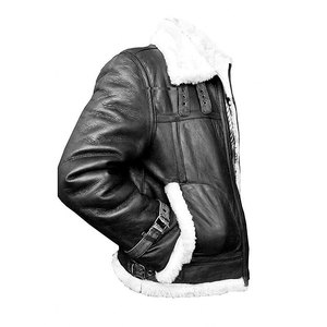 Custom 2026 Eco-Friendly Garment Dyed Real Sheepskin <b>Leather</b> <b>Bomber</b> Jacket Black Grain Type Winter Wear White Real Fur for <b>Men</b> - Product Image 3