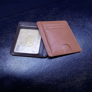 Minimalist Real Leather <b>Card</b> Holder Men's Slim <b>Sleeve</b> Clear Window ID Display Easy Thumb Notch Multi Slot Pocket Pouch For Cash - Product Image 1