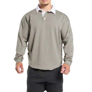 <b>Men's</b> <b>Long</b> <b>Sleeve</b> Rugby <b>Shirt</b> Solid Color Polo Collar Button Up Autumn Sports Jersey Grey Color With <b>White</b> Collar - Product Image 1