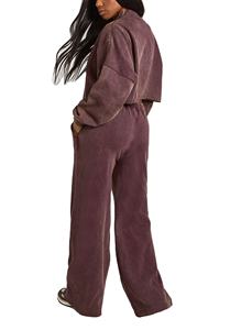 Conjunto de 2 Piezas para Mujer, Sudadera Corta de Felpa 100% Algodón, Estilo Acid Wash, Pantalones Deportivos Acampanados, con Logotipo Bordado Personalizado - Product Image 2