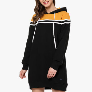 Robe sweat-shirt à capuche pour femmes, à manches longues, avec cordon de serrage et poches, tenue décontractée d'automne, noir et moutarde - Product Image 1
