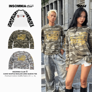 เสื้อยืดคอกลมแขนยาวลายพรางทรงโอเวอร์ไซส์สำหรับวัยรุ่น สไตล์ลำลอง โลโก้สีทองที่แขนขวา ผ้าฝ้าย 100% ปักลายวาฟเฟิล - Product Image 5