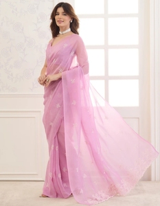 Sari de Tela Bordado de Diseño Bollywood para Mujer KV con Blusa Sin Coser (Rosa) Otoño - Product Image 4