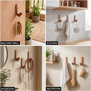 Ganchos Adhesivos de Pared de Madera Maciza a Granel, Soporte Minimalista en Forma de J para Llaves, Colgador con Acabado Natural, Organizador de Ganchos Utilitarios - Product Image 3