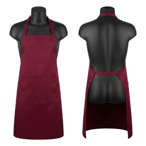 Delantal de algodón color borgoña con bolsillo frontal, correas ajustables para el cuello, uniforme unisex para personal de restaurante, bar y camareros - Product Image 1
