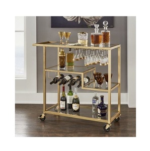 Multi-Tier Gold Bar Cart with Wine <b>Rack</b> Rolling Glass <b>Drink</b> Trolley with Stemware Glass Holders & Lockable Wheels - Product Image 3