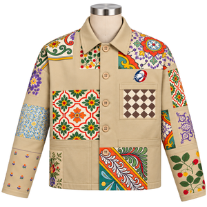 Chaqueta de Trabajo Color Caqui con Mosaico, Estampado Floral, Cierre de Botones, Estilo Casual, con Bolsillos, Diseño Artístico - Product Image 1