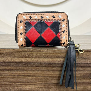 New Checkered Design Zippered Wallet with Keychain Genuine Tooled Leather Coin <b>Purse</b> <b>Cute</b> Mini Bag with Tassel Pouch for Women - Product Image 5