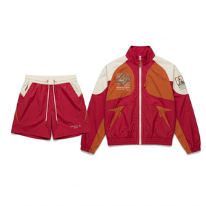 Unisex Red Orange Color Blocking Tracksuit Set Full Sleeve Zipper <b>Jacket</b> Shorts Breathable Polyester Sporty Streetwear Wear - Product Image 1