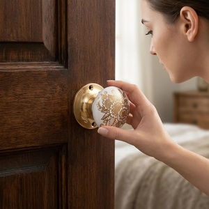Round Porcelain Cabinet Knob with Gold Floral Design Modern Eco-Friendly Durable Furniture Handle for Bedroom Use - Product Image 1