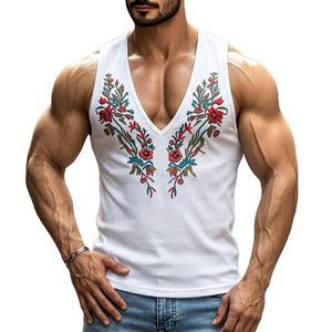 Débardeur Homme Personnalisé Brodé Col V Profond Style Musculaire Sans Manches Tendance Streetwear Décontracté Prix de Gros - Product Image 5