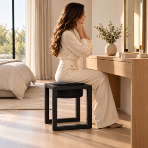 Contemporary Black Frame Accent <b>Stool</b> | Textured Round Cushion Recessed <b>Seat</b> Open Base Modern Geometric Seating Indoor Furniture - Product Image 3