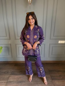 Hermoso Conjunto de 2 Piezas (Top y Pantalón) de Seda Romana Elástica de Alta Calidad para Mujer, para Bodas y Fiestas, con Forro de Crepé - Product Image 1