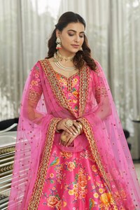 Pink Floral <b>Sequins</b> Zari Embroidered Women's One Set Lehenga Choli Chiffon Net Dupatta Long Traditional Dress for Wedding Party - Product Image 2