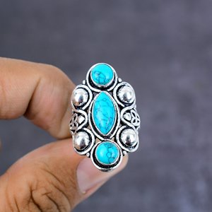Anillo de joyería chapado en plata hecho a mano con piedra preciosa de turquesa natural, talla 7 - Product Image 2