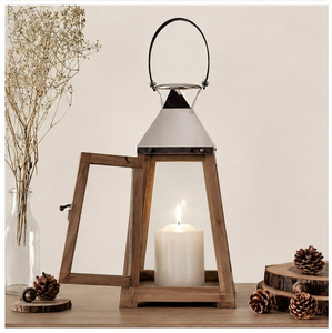 <b>Rustic</b> <b>Wood</b> and Metal Lantern with Glass Panes Modern Farmhouse Candle Holder for Wedding Centerpiece Hanging Decorative Lantern - Product Image 1