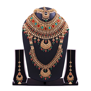Conjunto de Collar y Aretes Kundan Chapados en Oro Étnico Indio con Cristales Rojos y Verdes, Joyería para Bodas y Fiestas, Conjunto de Joyería de Moda para Mujer - Product Image 3