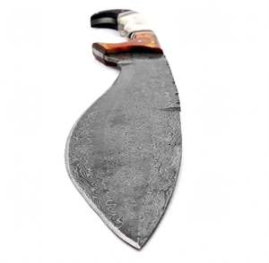 Herramienta utilitaria para exteriores de acero de Damasco con diseño de gota de lluvia, hecha a mano, con mango segmentado de hueso de camello y cuerno de madera. - Product Image 4