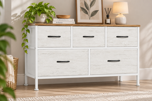 Commode 5 tiroirs style ferme, plateau en bois blanc, meuble de rangement autoportant pour chambre à coucher - Product Image 4