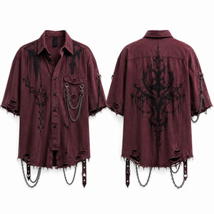 เสื้อเจอร์ซีย์พิมพ์ลายสกรีนคอปกแบบโกธิค แต่งโลโก้ตามสั่ง ทรงปกติ แขนสั้น สีดำ ลายโซ่ สไตล์ดิสเทรส สำหรับผู้ชาย - Product Image 4