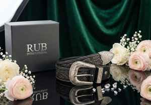 Ceinture en cuir de style western Rub International Premium pour hommes - Design floral en relief, boucle en argent gravée, style vintage - Product Image 3