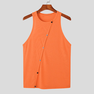 Men's <b>Orange</b> Ribbed <b>Tank</b> <b>Top</b> With Button Front Hollow Design Casual O-Neck Sleeveless Vest Solid Color Knitted Style - Product Image 6