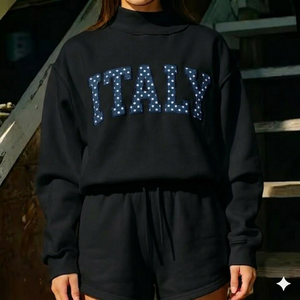 Sweat-shirt à col roulé noir surdimensionné pour femme, avec appliqué lettre Italie, manches longues, en coton tricoté, pour l'automne, col montant - Product Image 1