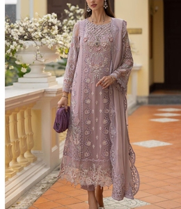 Costume indien pakistanais brodé en lavande, 3 pièces, longueur cheville, shalwar kameez, pour femmes, pour mariage et fêtes - Product Image 1