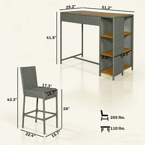 Set da bar da esterno in legno di acacia a 5 pezzi con tavolo alto, sedie e scaffali a 3 livelli, cuscini grigi - Product Image 3