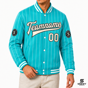 SINEWY SPORTS Veste universitaire unisexe hiver grande taille à rayures turquoise, personnalisable avec nom et numéro par impression par sublimation - Product Image 4