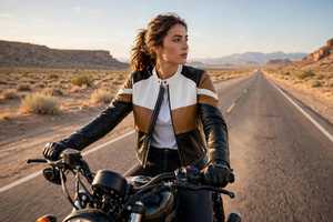 Blouson de motard en cuir véritable pour femme, col montant, fermeture éclair, style color block, court - Product Image 2