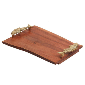 Bandeja de madera clásica con asas de hoja de roble antiguo y detalles metálicos de bellota, plato rústico de madera dura para el hogar - Product Image 3