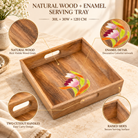 Plateau en bois naturel émaillé, plateau de service floral, plateau décoratif pour la salle à manger, plateau à poignée découpée, plateau de service en bois, articles de service pour la cuisine