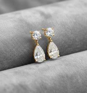 Pear Cut Bezel Setting Moissanite Drop <b>Earrings</b> 925 Sterling <b>Silver</b> 14K Gold Plated Dainty Bridal <b>Dangle</b> Wedding Party Jewelry - Product Image 1