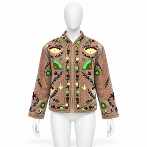 Taupe Velvet Floral <b>Embroidered</b> <b>Jacket</b> <b>for</b> <b>Women</b> | Bohemian Ethnic Autumn Festive Wedding Outerwear Full Sleeves Decorative - Product Image 1