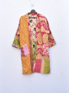 Recién llegado, chaqueta Kantha de algodón indio, chaqueta de edredón Kantha Vintage, Kimono largo clásico con cinturón y chaqueta de mujer de cuello grande - Product Image 4