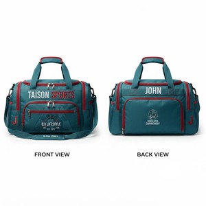 กระเป๋า BJJ แบบ Heavy Duty 600D Oxford PU 280 GSM สีเขียวอมฟ้า แต่งขอบสีแดง หลายช่อง  แบบ Duffel ปักโลโก้ตามสั่ง สำหรับใส่ของกีฬา ความจุ 30-40 ลิตร - Product Image 1