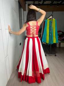 Designer Gamthi Work And Bandhani Print With Gota Patti Rayon Cotton Navratri <b>Lehenga</b> Choli Fully Stitched Ready To Wear Set - Product Image 5