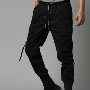 Pantalon de survêtement cargo noir pour homme, taille élastique avec cordon de serrage, plusieurs poches, pantalon en toile décontracté, vêtements d'automne - Product Image 2