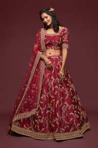 <b>Maroon</b> Organza Embroidered Lehenga Choli With Floral Gold Work Boat Neck Short Sleeve Floor Length A-Line Bridal <b>Dress</b> 7802 - Product Image 6