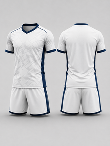 Ensemble d'uniformes de football personnalisés pour hommes, blanc et bleu marine, col en V, manches courtes, polyester respirant, logo personnalisé de haute qualité, élastique - Product Image 1