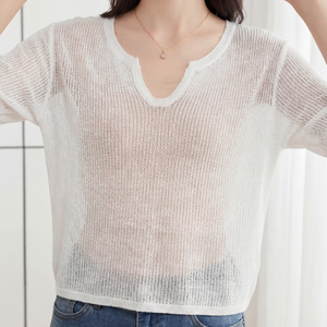 Maglione da <span class=keywords><strong>donna</strong></span> <span class=keywords><strong>a</strong></span> maniche corte con scollo <span class=keywords><strong>a</strong></span> V, lavorato <span class=keywords><strong>a</strong></span> <span class=keywords><strong>maglia</strong></span> traforata, pullover leggero e traspirante in <span class=keywords><strong>rete</strong></span>, stile vacanza, protezione solare - Product Image 4