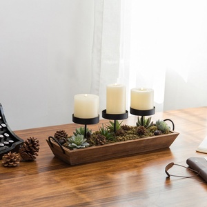 Bandeja rústica de madera con 3 portavelas y asa, acabado en recubrimiento de polvo negro, centro de mesa para decoración del hogar - Product Image 1