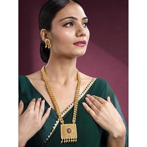 Conjunto de Collar Largo y Pendientes de Latón Chapado en Oro Indio, Joyería Étnica para Mujer, Diseño de Flor con Circones, Rani Haar - Product Image 5