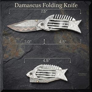 Top Edition Handmade <b>Copper</b> Damascus Fish Style Folding Pocket Knife EDC Hunting Camping Knife w/Steel Engraved Resin Handle - Product Image 4