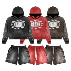 Vintage Men's Zip Hoodie Short Set Acid Wash Tracksuits Silk Screen Printing Knitted Sweatsuits for Autumn - Product Image 1
