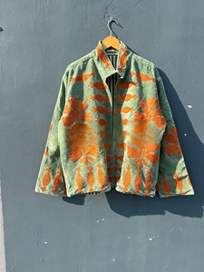 Premium Handcrafted Sage Green Velvet <b>Jacket</b> with Vibrant Orange Artisanal Embroidery Elegant Traditional Winter Outerwear - Product Image 2